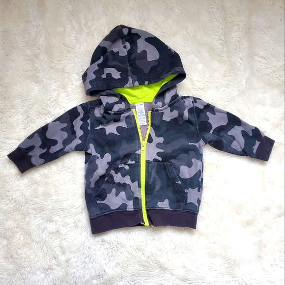 6-12 month boys Zip-up hoodie. Camo print. Grey. Black. Green. George.